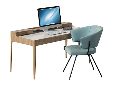 Modern Wooden Desk with Computer Monitor Keyboard Mouse and Blue Chair 3d model