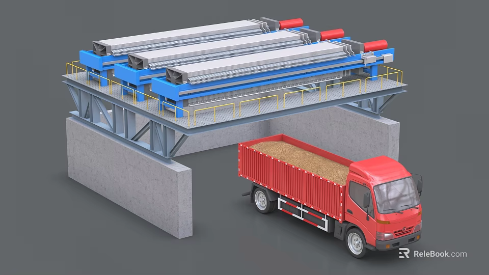 Industrial Conveyor Equipment With Yellow Guardrails And Red Truck Loading Granular Material 3d model 