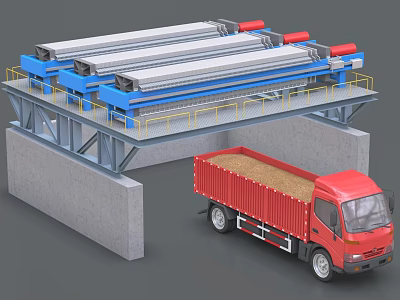Industrial Conveyor Equipment With Yellow Guardrails And Red Truck Loading Granular Material 3d model