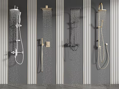 Various Wall Mounted Shower Head Designs Displayed On Gray Wall With Water Flow 3d model