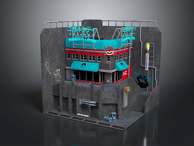 Industrial Style Building With Blue Roof Red Borders Pipes Stairs And Exterior Equipment 3d model