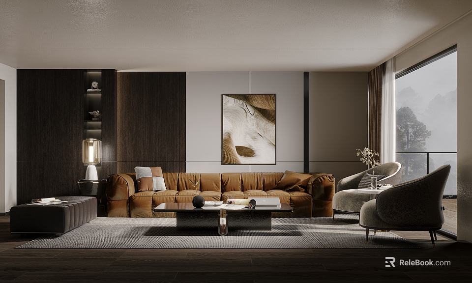 Elegant Modern Living Room Interior With Brown Sofa Coffee Table And Decorative Wall Art 3d model 