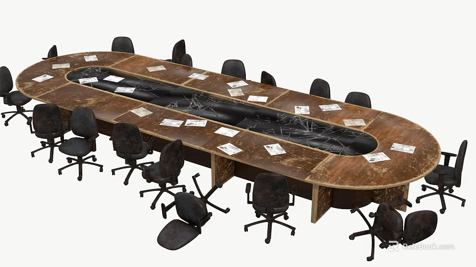 Oval Wooden Conference Table With Black Office Chairs And White Papers 3d model 