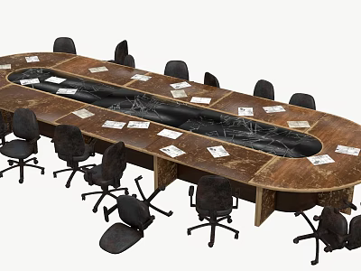 Oval Wooden Conference Table With Black Office Chairs And White Papers 3d model