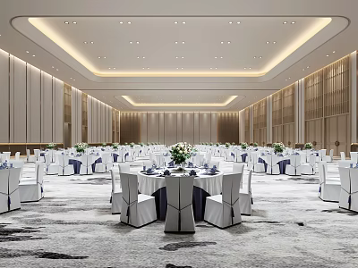 Spacious Modern Banquet Hall With Arranged Tables White Tablecloths And Flower Centerpieces 3d model