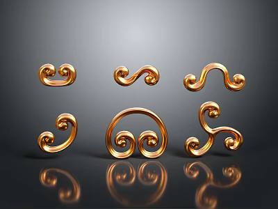 Golden Spiral Curly Design Decorative Household Items Arranged On Grey Background With Reflections 3d model