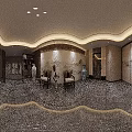 Modern KTV Interior with Purple Blue Neon Lights Sofas Marble Floor and Wall Decorations