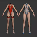 Women Wearing Stylish Red And Blue Striped Bodysuits With High Heels
