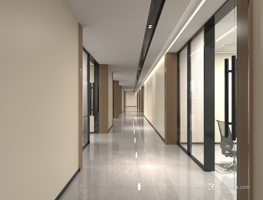 Modern Bright Office Corridor With Glass Partitions Wooden Panels Ceiling Lights And Polished Floor 3d model 