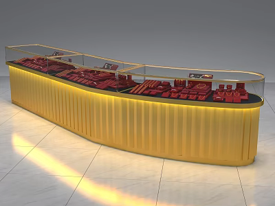 Curved Yellow Display Showcase Shelf With Glass Cover And Red Merchandise 3d model