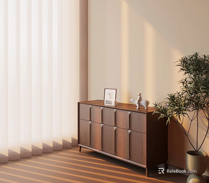 Cozy Room Interior With Wooden Cabinet Photo Frame Decorative Figurine Green Plant And Sunlight Shadows 3d model 