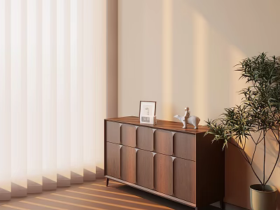 Cozy Room Interior With Wooden Cabinet Photo Frame Decorative Figurine Green Plant And Sunlight Shadows 3d model