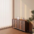 Cozy Room Interior With Wooden Cabinet Photo Frame Decorative Figurine Green Plant And Sunlight Shadows