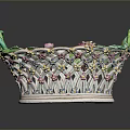 Decorative Porcelain Basket With Green Handles Openwork Pattern And Floral Accents
