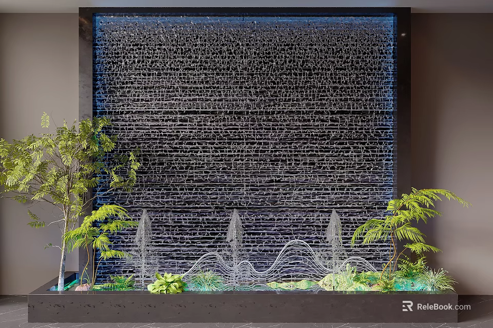 Indoor Water Wall Fountain With Green Plants And Blue Lighting Decorative Landscape 3d model 
