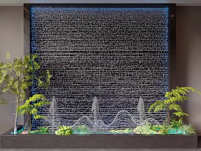 Indoor Water Wall Fountain With Green Plants And Blue Lighting Decorative Landscape 3d model