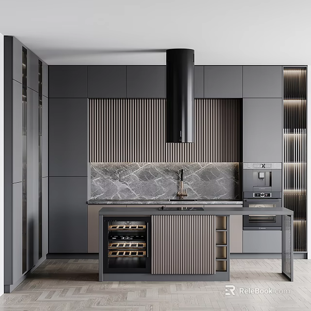 Modern Gray Kitchen Cabinets With Vertical Stripes Backsplash Marble Countertop And Integrated Appliances 3d model