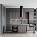 Modern Gray Kitchen Cabinets With Vertical Stripes Backsplash Marble Countertop And Integrated Appliances 3d model