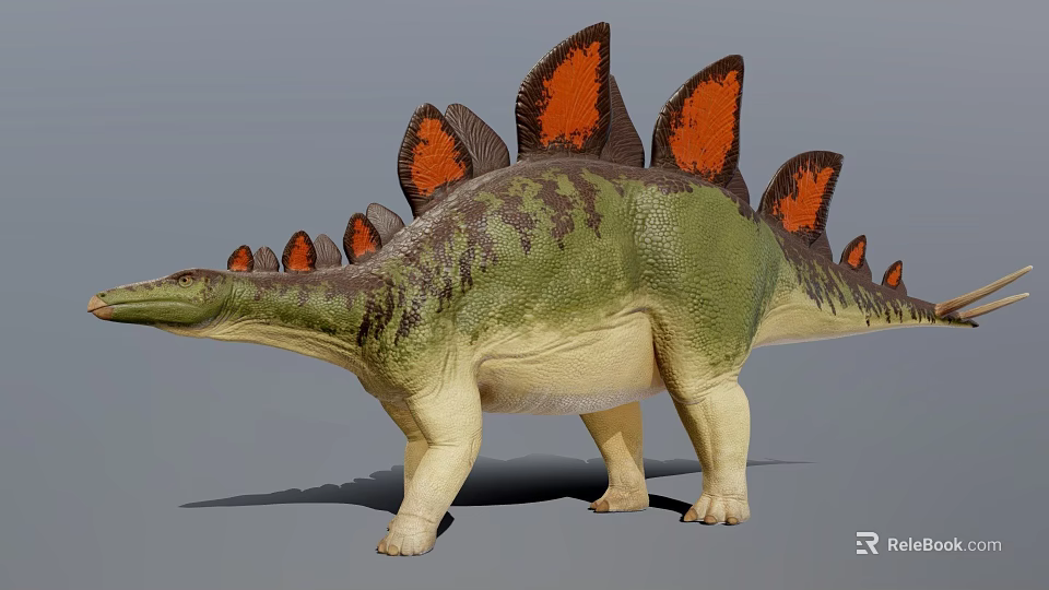 Detailed Stegosaurus Dinosaur Model With Green Body And Orange Back Plates 3d model 