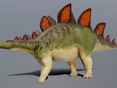 Detailed Stegosaurus Dinosaur Model With Green Body And Orange Back Plates 3d model