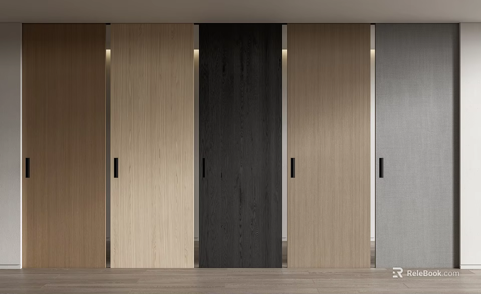 Modern Home Interior Featuring Sleek Sliding Doors In Wooden Black Gray And Beige Tones 3d model 