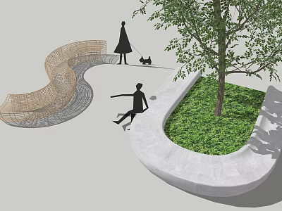 Woven Outdoor Chair in Park Scene with Green Grass Tree and Relaxing Seating Area 3d model