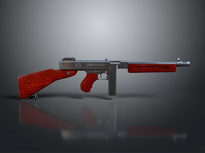 3D Rendered Gun Featuring Red Wooden Grip Stock Silver Metal Parts Gray Background Reflection 3d model