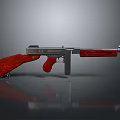 3D Rendered Gun Featuring Red Wooden Grip Stock Silver Metal Parts Gray Background Reflection