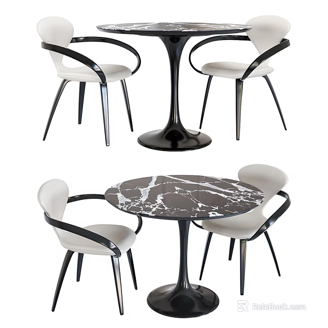 Modern Dining Set With Round Marble Tabletop Black Legs And White Chairs 3d model 