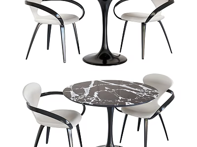 Modern Dining Set With Round Marble Tabletop Black Legs And White Chairs 3d model