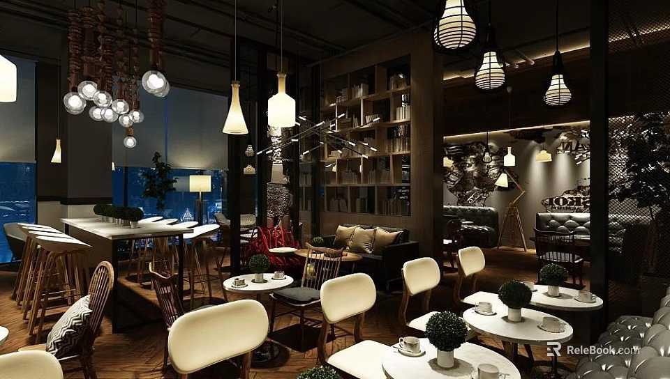 Modern Cafe Interior With Hanging Pendant Lights Wooden Tables White Chairs Bookshelves And Green Plants 3d model 
