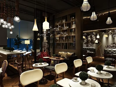 Modern Cafe Interior With Hanging Pendant Lights Wooden Tables White Chairs Bookshelves And Green Plants 3d model