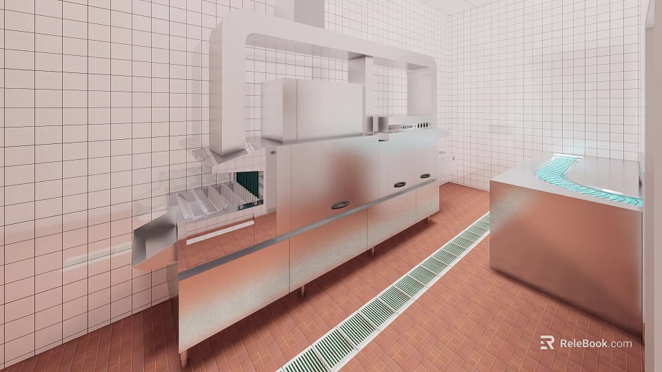 Commercial Kitchen With Stainless Steel Equipment Tiled Walls And Drainage Grates 3d model 