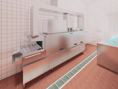 Commercial Kitchen With Stainless Steel Equipment Tiled Walls And Drainage Grates 3d model