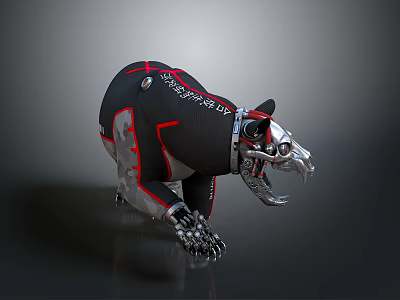 Mechanical Bear 3D Model With Revenge Text Black Red Design And Open Mouth Metal Parts 3d model