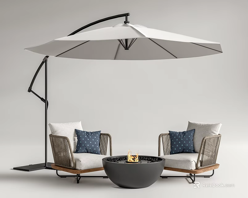 Outdoor Sofa Chairs With Wicker Frames Fire Pit And Large Umbrella 3d model