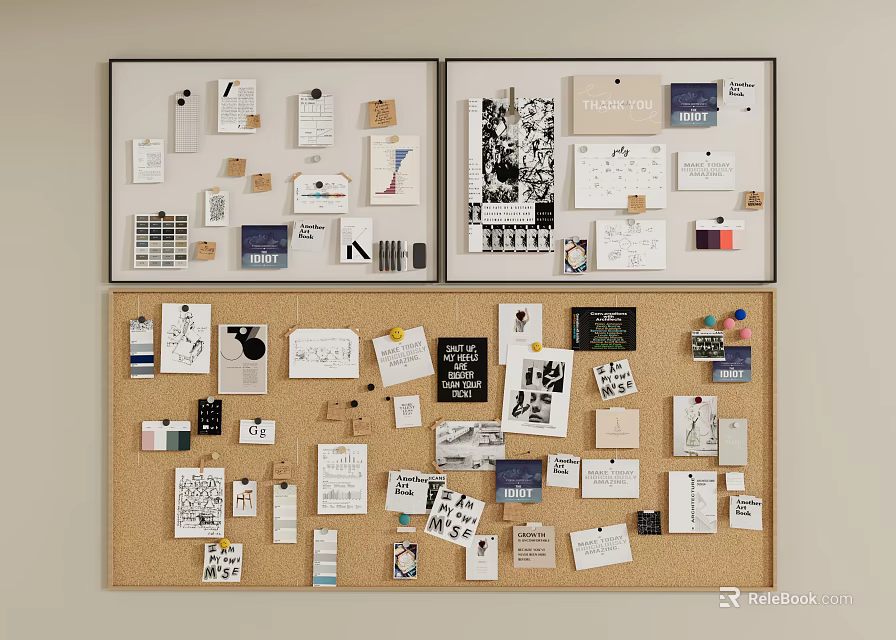 Creative Wall with Decorative Corkboards Pinned with Papers Notes Photos and 3d model 