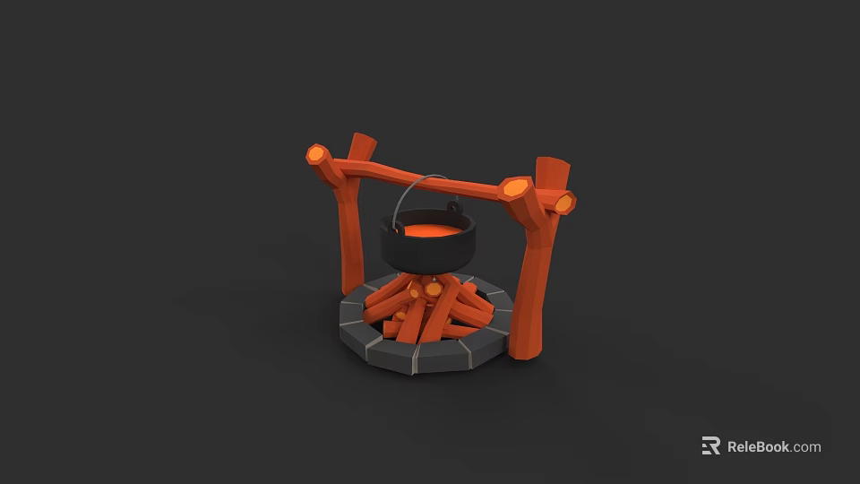 Traditional Outdoor Cooking Pot With Wooden Tripod And Burning Firewood Setup 3d model 