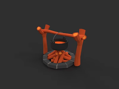 Traditional Outdoor Cooking Pot With Wooden Tripod And Burning Firewood Setup 3d model