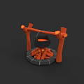 Traditional Outdoor Cooking Pot With Wooden Tripod And Burning Firewood Setup