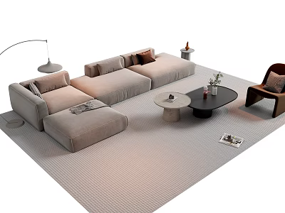Modern Beige L-shaped Sofa and Coffee Table Set with Side Chair and Floor Lamp 3d model