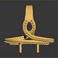 Golden Stacked Rings With Decorative Patterns And Gemstones On Black Display Stand With Reflection