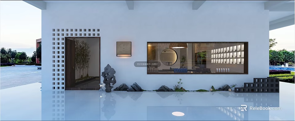 Modern Garden Space With White Walls Wooden Door Decorative Painting Circular Mirror Stones And Water 3d model 