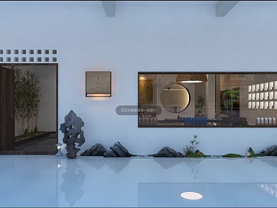 Modern Garden Space With White Walls Wooden Door Decorative Painting Circular Mirror Stones And Water 3d model