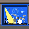 Blue Themed Photo Check-in Spot with BEST FACE WALK Sign Drum Set Guitar Cloud Patterns