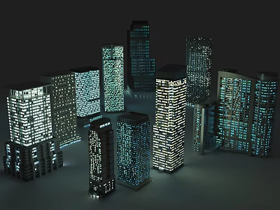 Modern City Building Complex With Tall Illuminated Skyscrapers And Glass Facades 3d model