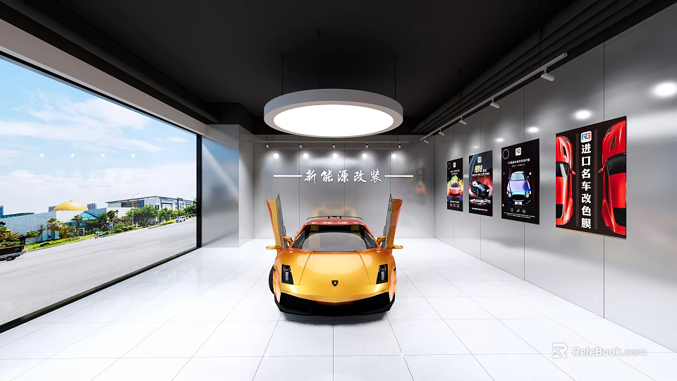 4S Store Showroom Featuring Yellow Sports Car With Open Doors And New Energy Vehicle 3d model 