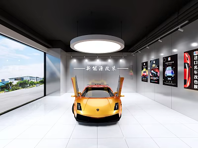 4S Store Showroom Featuring Yellow Sports Car With Open Doors And New Energy Vehicle 3d model