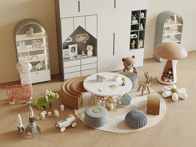 Cozy Playroom Interior With Stuffed Animals Toys Round Table And Storage Shelves 3d model