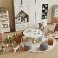 Cozy Playroom Interior With Stuffed Animals Toys Round Table And Storage Shelves